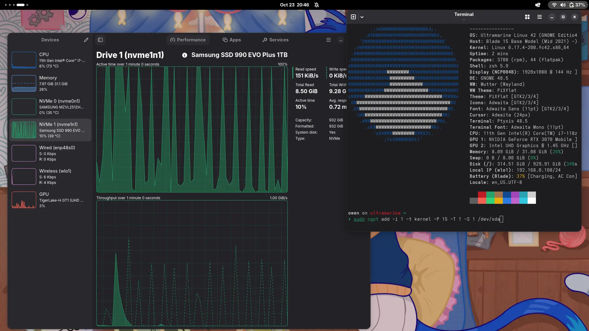 Screenshot of an Ultramarine GNOME system with the system monitor and fastfetch showing